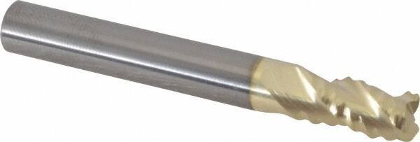Accupro - 1/4" Diam, Coarse Pitch, 3/8" LOC, 3 Flute Solid Carbide 0.045" Corner Radius Roughing End Mill - ZrN Finish, 2" OAL, 1/4" Shank Diam, Single End, Centercutting, 30° Helix - USA Tool & Supply