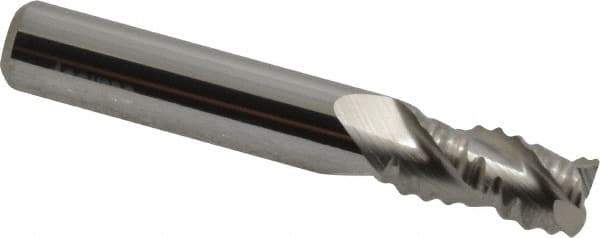 Accupro - 5/16" Diam, Coarse Pitch, 1/2" LOC, 3 Flute Solid Carbide 0.045" Corner Radius Roughing End Mill - Uncoated, 2" OAL, 5/16" Shank Diam, Single End, Centercutting, 30° Helix - USA Tool & Supply