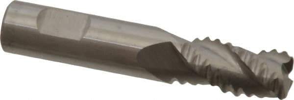 Accupro - 3/8" Diam, Coarse Pitch, 5/8" LOC, 3 Flute Solid Carbide 0.06" Corner Radius Roughing End Mill - Uncoated, 2" OAL, 3/8" Shank Diam, Single End, Centercutting, 30° Helix - USA Tool & Supply