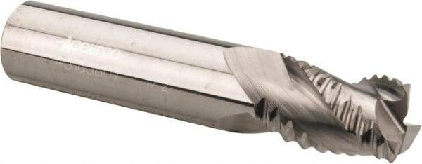 Accupro - 1/2" Diam, Coarse Pitch, 5/8" LOC, 3 Flute Solid Carbide 0.06" Corner Radius Roughing End Mill - Uncoated, 2-1/2" OAL, 1/2" Shank Diam, Single End, Centercutting, 30° Helix - USA Tool & Supply