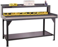 Durham - 72 Wide x 30" Deep x 47" High, Cold-Rolled Steel Workbench with Shelf Riser - Flat Top, Rounded Edge, Fixed Legs With Pre-Drill Holes for Anchoring - USA Tool & Supply