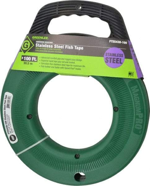 Greenlee - 100 Ft. Long x 1/8 Inch Wide, 0.045 Inch Thick, Stainless Steel Fish Tape - 400 Lb. Pulling Strength, Includes Case - USA Tool & Supply