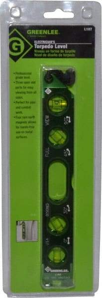 Greenlee - Magnetic 8-1/2" Long 4 Vial Torpedo Level - Aluminum, Green, 1 0°, 1 30°, 1 45° & 1 90° Vials - USA Tool & Supply