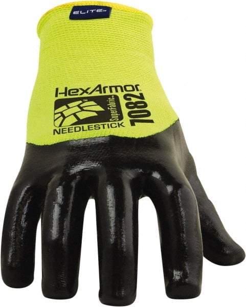 HexArmor - Size L (9), ANSI Cut Lvl A9, Puncture Lvl 4, PVC Coated Cut & Puncture Resistant Gloves - 9" Long, Palm, Fingers & Knuckles Coated, SuperFabric Lining, Knit Wrist, Hi-Vis Yellow/Black, Paired - USA Tool & Supply