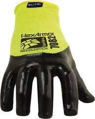 HexArmor - Size L (9), ANSI Cut Lvl A9, Puncture Lvl 4, PVC Coated Cut & Puncture Resistant Gloves - 9" Long, Palm, Fingers & Knuckles Coated, SuperFabric Lining, Knit Wrist, Hi-Vis Yellow/Black, Paired - USA Tool & Supply