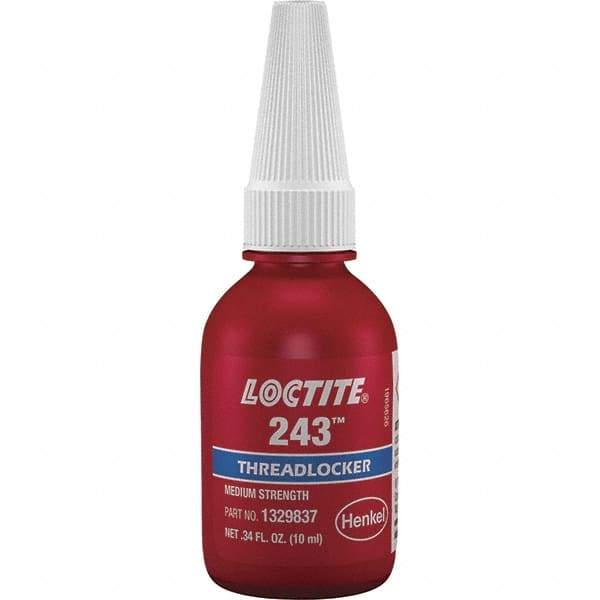 Loctite - 10 mL Bottle, Blue, Medium Strength Liquid Threadlocker - Series 243, 24 hr Full Cure Time, Hand Tool, Heat Removal - USA Tool & Supply
