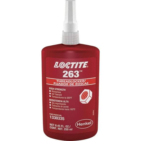 Loctite - 250 mL Bottle, Red, High Strength Liquid Threadlocker - Series 263, 24 hr Full Cure Time, Hand Tool, Heat Removal - USA Tool & Supply