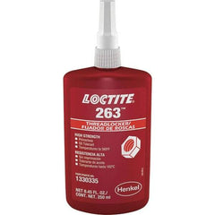 Loctite - 250 mL Bottle, Red, High Strength Liquid Threadlocker - Series 263, 24 hr Full Cure Time, Hand Tool, Heat Removal - USA Tool & Supply