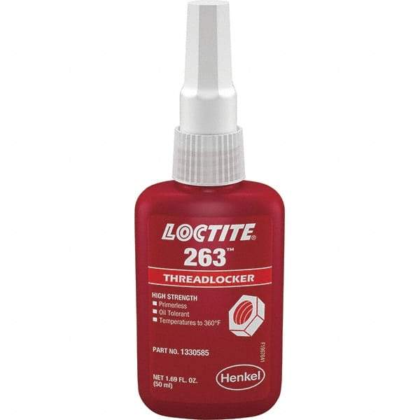 Loctite - 50 mL Bottle, Red, High Strength Liquid Threadlocker - Series 263, 24 hr Full Cure Time, Hand Tool, Heat Removal - USA Tool & Supply