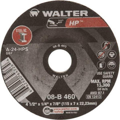 WALTER Surface Technologies - 24 Grit, 4-1/2" Wheel Diam, 1/4" Wheel Thickness, 7/8" Arbor Hole, Type 27 Depressed Center Wheel - Aluminum Oxide, 13,300 Max RPM - USA Tool & Supply