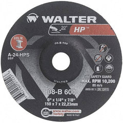 WALTER Surface Technologies - 24 Grit, 6" Wheel Diam, 1/4" Wheel Thickness, 7/8" Arbor Hole, Type 27 Depressed Center Wheel - Aluminum Oxide, Resinoid Bond, 10,200 Max RPM - USA Tool & Supply