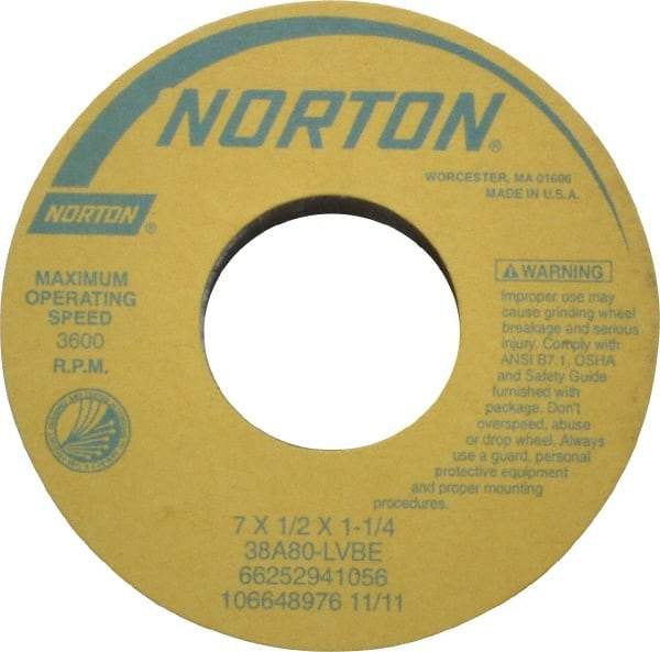 Norton - 7" Diam x 1-1/4" Hole x 1/2" Thick, L Hardness, 80 Grit Surface Grinding Wheel - Aluminum Oxide, Type 1, Medium Grade, 3,600 Max RPM, Vitrified Bond, No Recess - USA Tool & Supply