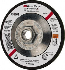 3M - 36 Grit, 4-1/2" Wheel Diam, 1/8" Wheel Thickness, Type 27 Depressed Center Wheel - Ceramic, 13,300 Max RPM, Compatible with Angle Grinder - USA Tool & Supply
