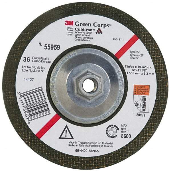 3M - 36 Grit, 7" Wheel Diam, 1/4" Wheel Thickness, Type 27 Depressed Center Wheel - Ceramic, 8,600 Max RPM, Compatible with Angle Grinder - USA Tool & Supply