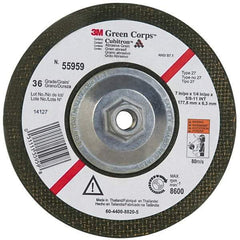 3M - 36 Grit, 7" Wheel Diam, 1/4" Wheel Thickness, Type 27 Depressed Center Wheel - Ceramic, 8,600 Max RPM, Compatible with Angle Grinder - USA Tool & Supply