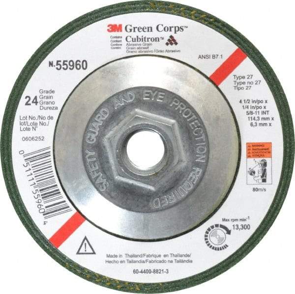 3M - 24 Grit, 4-1/2" Wheel Diam, 1/4" Wheel Thickness, Type 27 Depressed Center Wheel - Ceramic, 13,300 Max RPM, Compatible with Angle Grinder - USA Tool & Supply