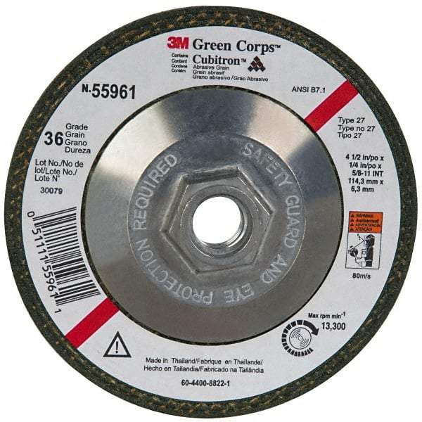3M - 36 Grit, 4-1/2" Wheel Diam, 1/4" Wheel Thickness, Type 27 Depressed Center Wheel - Ceramic, 13,300 Max RPM, Compatible with Angle Grinder - USA Tool & Supply