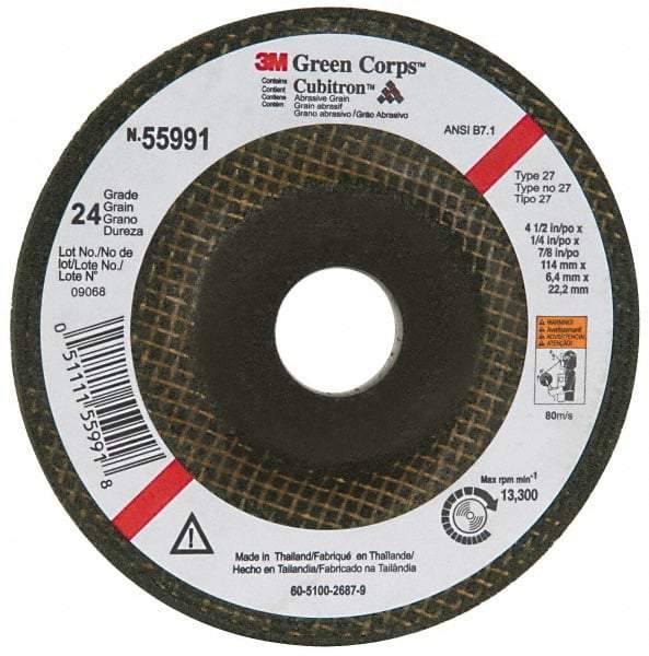 3M - 24 Grit, 4-1/2" Wheel Diam, 1/4" Wheel Thickness, 7/8" Arbor Hole, Type 27 Depressed Center Wheel - Ceramic, 13,300 Max RPM, Compatible with Angle Grinder - USA Tool & Supply