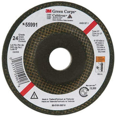 3M - 24 Grit, 4-1/2" Wheel Diam, 1/4" Wheel Thickness, 7/8" Arbor Hole, Type 27 Depressed Center Wheel - Ceramic, 13,300 Max RPM, Compatible with Angle Grinder - USA Tool & Supply