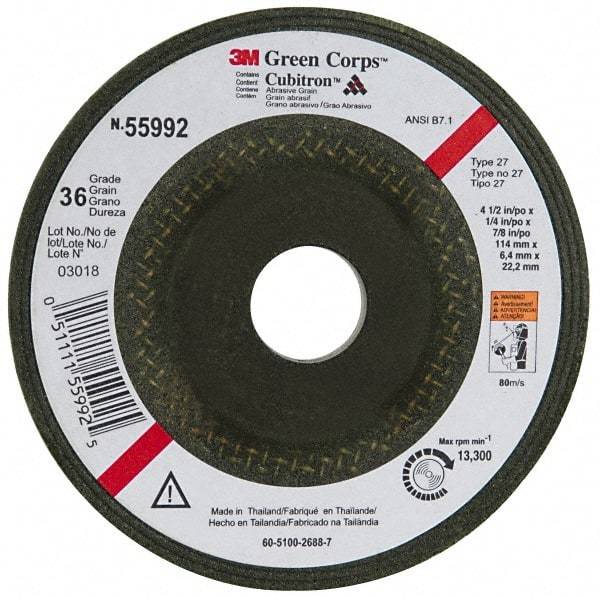 3M - 36 Grit, 4-1/2" Wheel Diam, 1/4" Wheel Thickness, 7/8" Arbor Hole, Type 27 Depressed Center Wheel - Ceramic, 13,300 Max RPM, Compatible with Angle Grinder - USA Tool & Supply