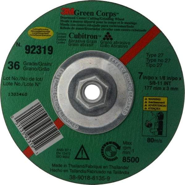 3M - 36 Grit, 7" Wheel Diam, 1/8" Wheel Thickness, Type 27 Depressed Center Wheel - Ceramic, 8,500 Max RPM, Compatible with Angle Grinder - USA Tool & Supply