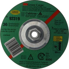 3M - 36 Grit, 7" Wheel Diam, 1/8" Wheel Thickness, Type 27 Depressed Center Wheel - Ceramic, 8,500 Max RPM, Compatible with Angle Grinder - USA Tool & Supply