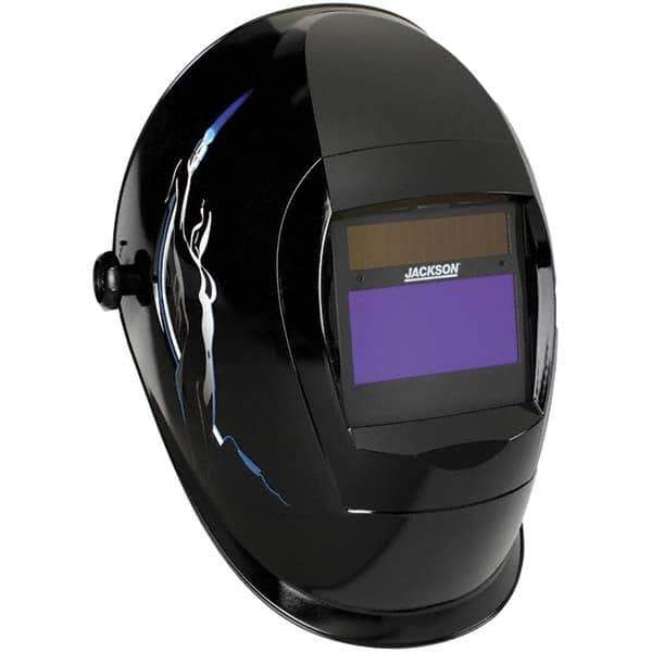 Jackson Safety - 3-25/32" Window Width x 1-13/16" Window Height, 9 to 13 Shade Auto-Darkening Lens, Fixed Front Welding Helmet - Black Torch Dancer Design, Thermoplastic Green Lens - USA Tool & Supply