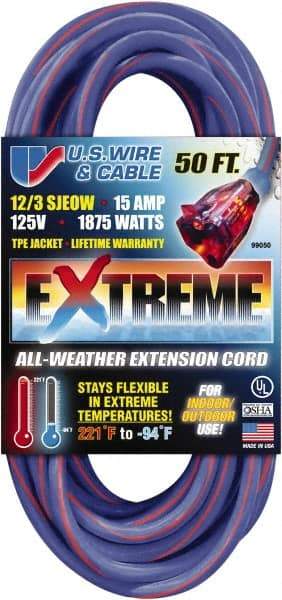 Value Collection - 50', 12/3 Gauge/Conductors, Blue/Pink Indoor & Outdoor Extension Cord - 1 Receptacle, 15 Amps, 125 Volts, UL SJEOW, NEMA 5-15P - USA Tool & Supply