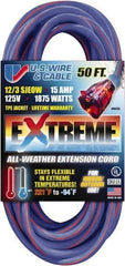 Value Collection - 50', 12/3 Gauge/Conductors, Blue/Pink Indoor & Outdoor Extension Cord - 1 Receptacle, 15 Amps, 125 Volts, UL SJEOW, NEMA 5-15P - USA Tool & Supply