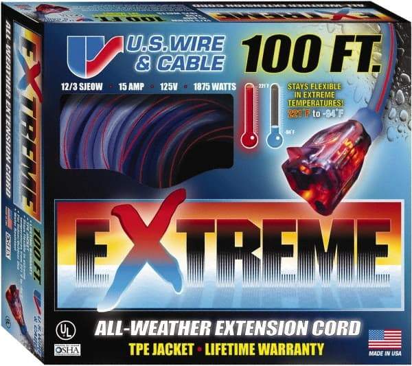 Value Collection - 100', 12/3 Gauge/Conductors, Blue/Pink Indoor & Outdoor Extension Cord - 1 Receptacle, 15 Amps, 125 Volts, UL SJEOW, NEMA 5-15P - USA Tool & Supply