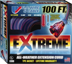 Value Collection - 100', 14/3 Gauge/Conductors, Blue/Pink Indoor & Outdoor Extension Cord - 1 Receptacle, 13 Amps, 125 Volts, UL SJEOW, NEMA 5-15P - USA Tool & Supply