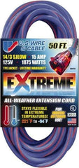 Value Collection - 50', 14/3 Gauge/Conductors, Blue/Pink Indoor & Outdoor Extension Cord - 1 Receptacle, 15 Amps, 125 Volts, UL SJEOW, NEMA 5-15P - USA Tool & Supply