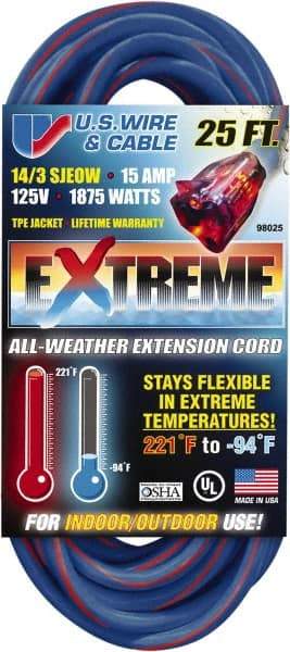 Value Collection - 25', 14/3 Gauge/Conductors, Blue/Pink Indoor & Outdoor Extension Cord - 1 Receptacle, 15 Amps, 125 Volts, UL SJEOW, NEMA 5-15P - USA Tool & Supply