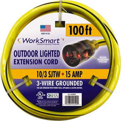 Value Collection - 100', 10/3 Gauge/Conductors, Yellow/Black Outdoor Extension Cord - 1 Receptacle, 15 Amps, UL SJTW, NEMA 5-15P - USA Tool & Supply