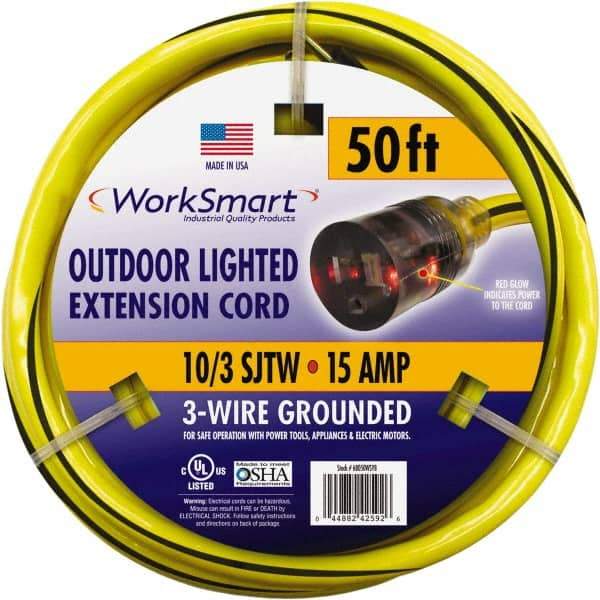 Value Collection - 50', 10/3 Gauge/Conductors, Yellow/Black Outdoor Extension Cord - 1 Receptacle, 15 Amps, UL SJTW, NEMA 5-15P - USA Tool & Supply