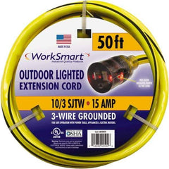 Value Collection - 50', 10/3 Gauge/Conductors, Yellow/Black Outdoor Extension Cord - 1 Receptacle, 15 Amps, UL SJTW, NEMA 5-15P - USA Tool & Supply
