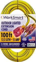 Value Collection - 100', 12/3 Gauge/Conductors, Yellow/Black Outdoor Extension Cord - 1 Receptacle, 15 Amps, UL SJTW, NEMA 5-15P - USA Tool & Supply