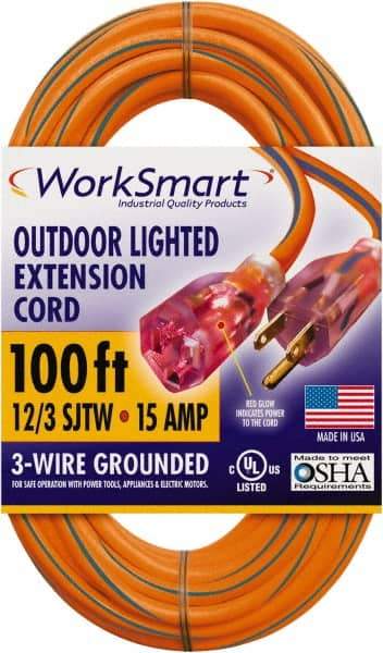 Value Collection - 100', 12/3 Gauge/Conductors, Orange/Blue Outdoor Extension Cord - 1 Receptacle, 15 Amps, UL SJTW, NEMA 5-15P - USA Tool & Supply