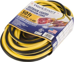 Value Collection - 50', 12/3 Gauge/Conductors, Yellow/Black Outdoor Extension Cord - 1 Receptacle, 15 Amps, UL SJTW, NEMA 5-15P - USA Tool & Supply