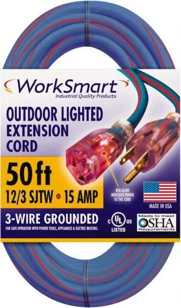 Value Collection - 50', 12/3 Gauge/Conductors, Blue/Red Outdoor Extension Cord - 1 Receptacle, 15 Amps, UL SJTW, NEMA 5-15P - USA Tool & Supply