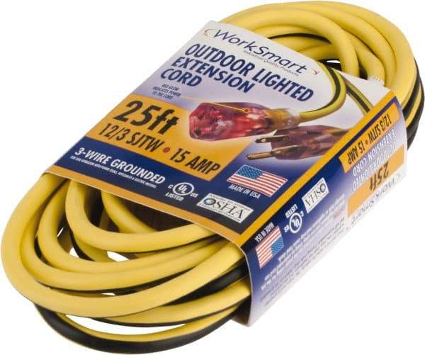 Value Collection - 25', 12/3 Gauge/Conductors, Yellow/Black Outdoor Extension Cord - 1 Receptacle, 15 Amps, UL SJTW, NEMA 5-15P - USA Tool & Supply