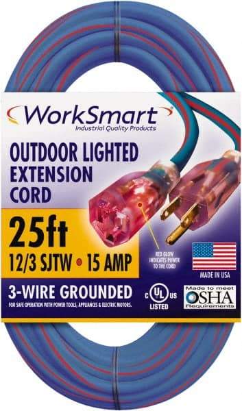 Value Collection - 25', 12/3 Gauge/Conductors, Blue/Red Outdoor Extension Cord - 1 Receptacle, 15 Amps, UL SJTW, NEMA 5-15P - USA Tool & Supply