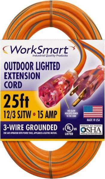 Value Collection - 25', 12/3 Gauge/Conductors, Orange/Blue Outdoor Extension Cord - 1 Receptacle, 15 Amps, UL SJTW, NEMA 5-15P - USA Tool & Supply