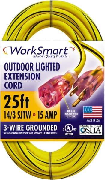 Value Collection - 25', 14/3 Gauge/Conductors, Yellow/Black Outdoor Extension Cord - 1 Receptacle, 15 Amps, UL SJTW, NEMA 5-15P - USA Tool & Supply