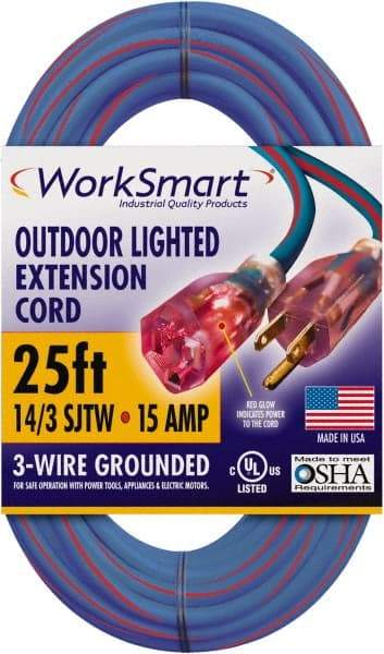 Value Collection - 25', 14/3 Gauge/Conductors, Blue/Red Outdoor Extension Cord - 1 Receptacle, 15 Amps, UL SJTW, NEMA 5-15P - USA Tool & Supply