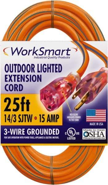 Value Collection - 25', 14/3 Gauge/Conductors, Orange/Blue Outdoor Extension Cord - 1 Receptacle, 15 Amps, UL SJTW, NEMA 5-15P - USA Tool & Supply
