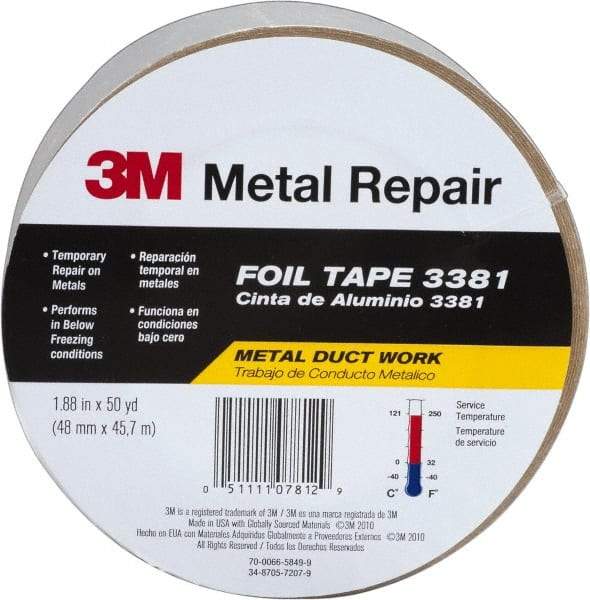 3M - 2" x 50 Yds Silver Foil Tape - 2.7 mil, Acrylic Adhesive, Aluminum Foil Backing, 10 Lb/ln Tensile Strength, -30°F to 260°F, Series 3381 - USA Tool & Supply