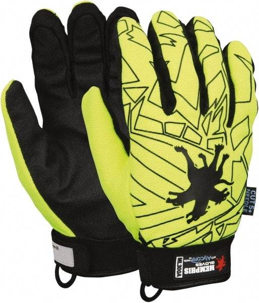 MCR Safety - Size 2XL (11), ANSI Cut Lvl 5, Synthetic Leather Cut & Puncture Resistant Gloves - 9.5" Long, Alycore Lining, Hook & Loop Cuff, Black/Yellow, Paired - USA Tool & Supply