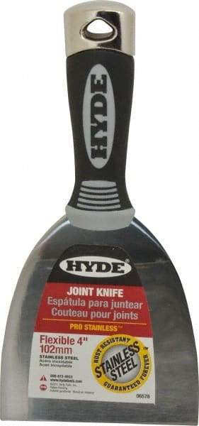 Hyde Tools - 4" Wide Stainless Steel Putty Knife - Flexible, Cushioned Grip / Hammerhead Polypropylene Handle, 8" OAL - USA Tool & Supply