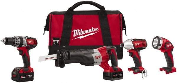 Milwaukee Tool - 18 Volt Cordless Tool Combination Kit - Includes 1/2" Hammer Drill, 1/4" Hex Impact Driver & Sawzall Reciprocating Saw, Lithium-Ion Battery Included - USA Tool & Supply